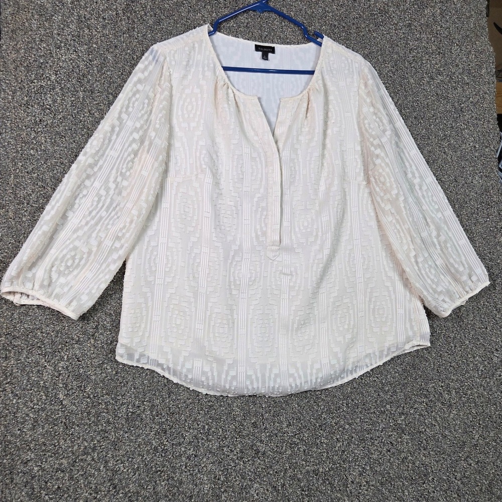 Talbots Blouse Women Large Ivory Geometric Burnout Split Neck Balloon Sleeve
